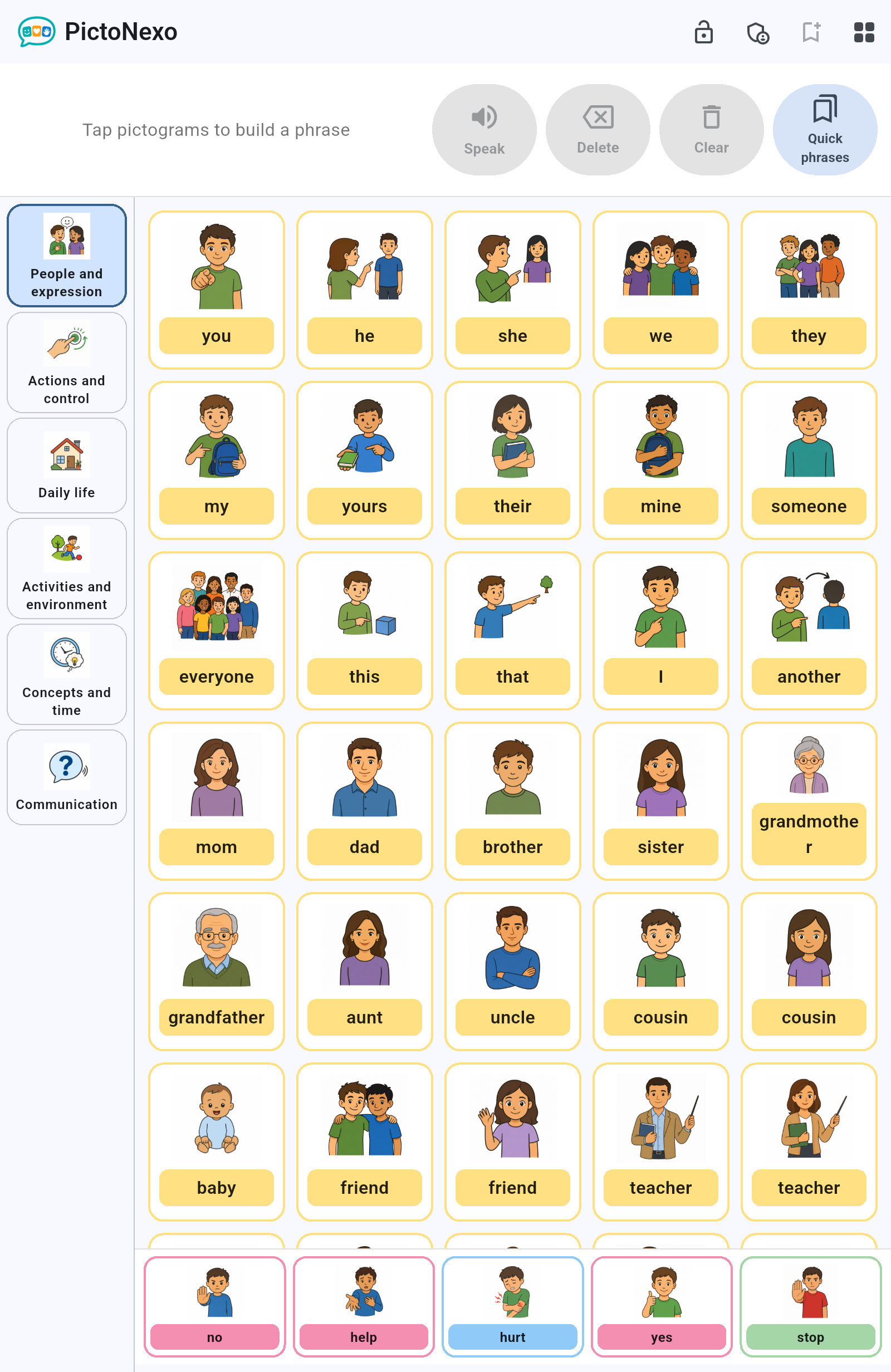 PictoNexo main screen showing categories, pictograms and communication tools